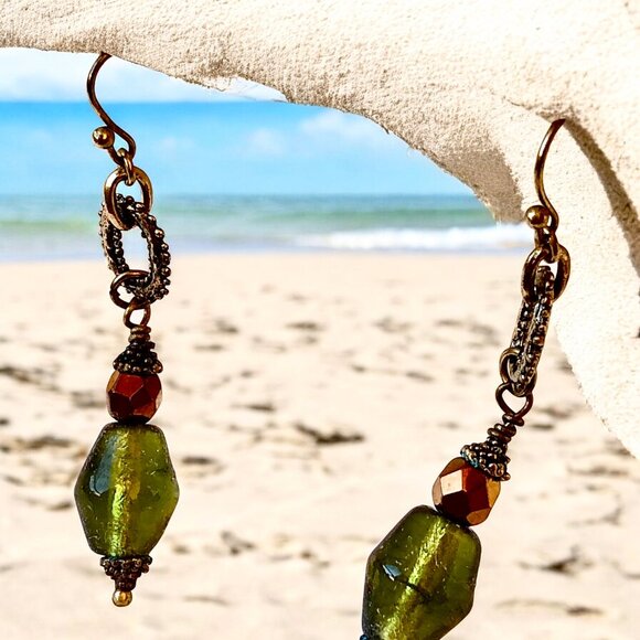 Lia Sophia Earrings Dangle Drop Hook Green Beads Copper Silvertone New in Box - Picture 8 of 10